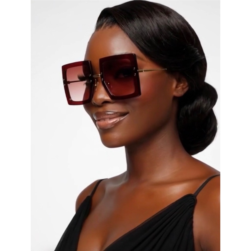Women Fashion Oversized Square Brown Wine Gradient Sunglasses Gold Metal Trim